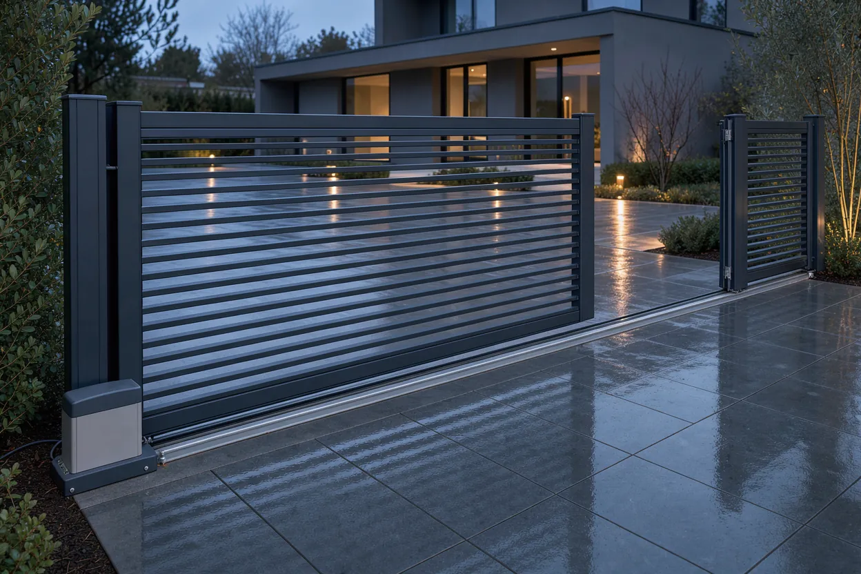 Poartă culisantă automată din lamele antracit, cu motorul montat la bază