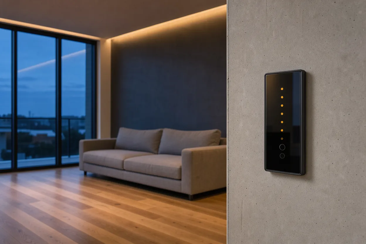 Panou smart din sticlă neagră pe un perete de beton, lângă o cameră de zi luminată cald
