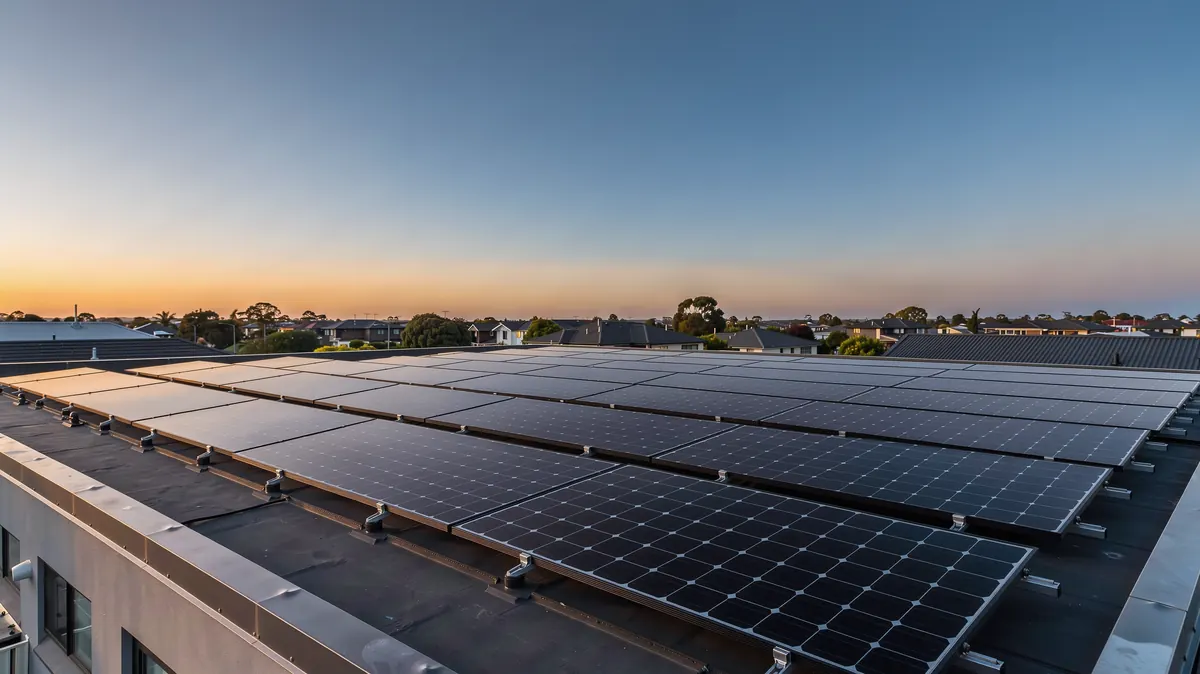 Panouri fotovoltaice negre montate pe acoperișul plat al unei case, la apus